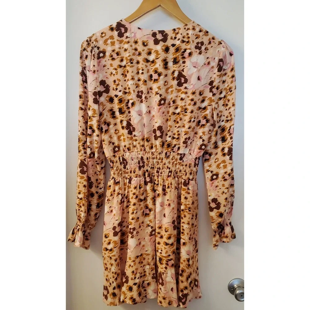 PAIGE Dress S Cheetah Print Blush/Brown/Pink Long Sleeve Gathered Waist Lined - Picture 2 of 10